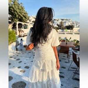 Farm Rio White Cotton Eyelet Puff Sleeve Midi Dress